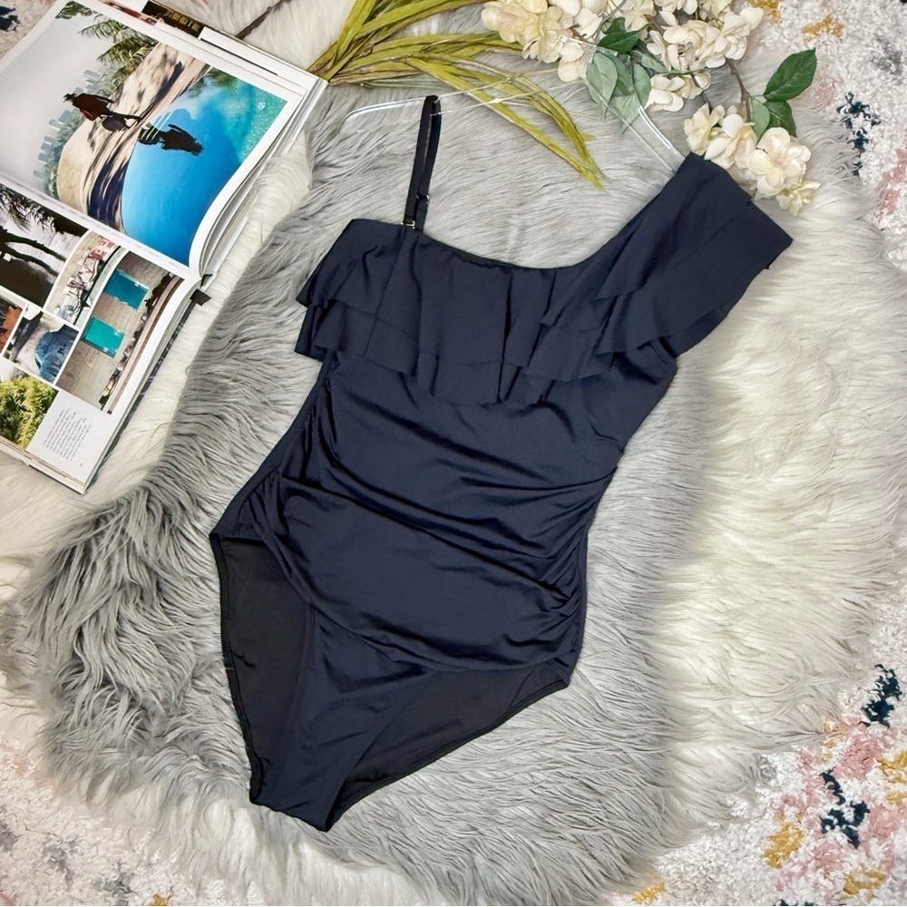 NEW Tahari Black One Shoulder Women’s Ruched One Piece Swimsuit Sz S - Picture 10 of 11